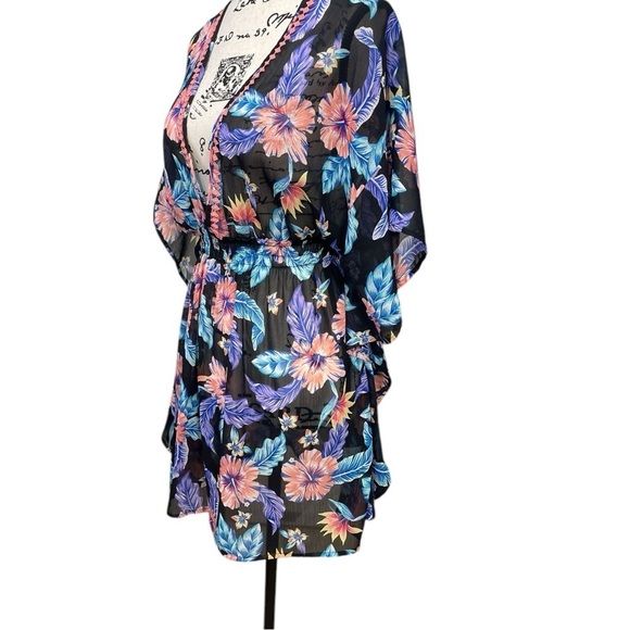 Miken Swim Floral Kimono Cover-Up Swim Elastic Waist Size Medium Black/Purple - Picture 5 of 11
